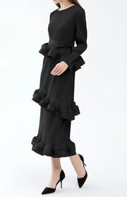 High quality long sleeve dress with ruffles and pleated bow