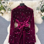 High Quality Long Sleeve V Neck Thick Velvet Diamond Embellished Dress
