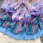 Elegant floral long sleeve V-neck dress with high quality bows