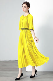 High Quality Printed Round Neck Lace Up Belt Maxi Pleated Long Dress