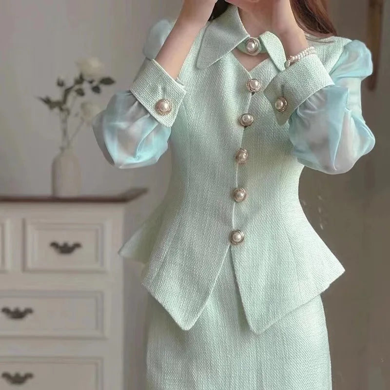 Dress Sets Women  Vintage Beading V-neck Jacket + Skirts Female Woolen Blend Evening Luxury 2 Piece Set