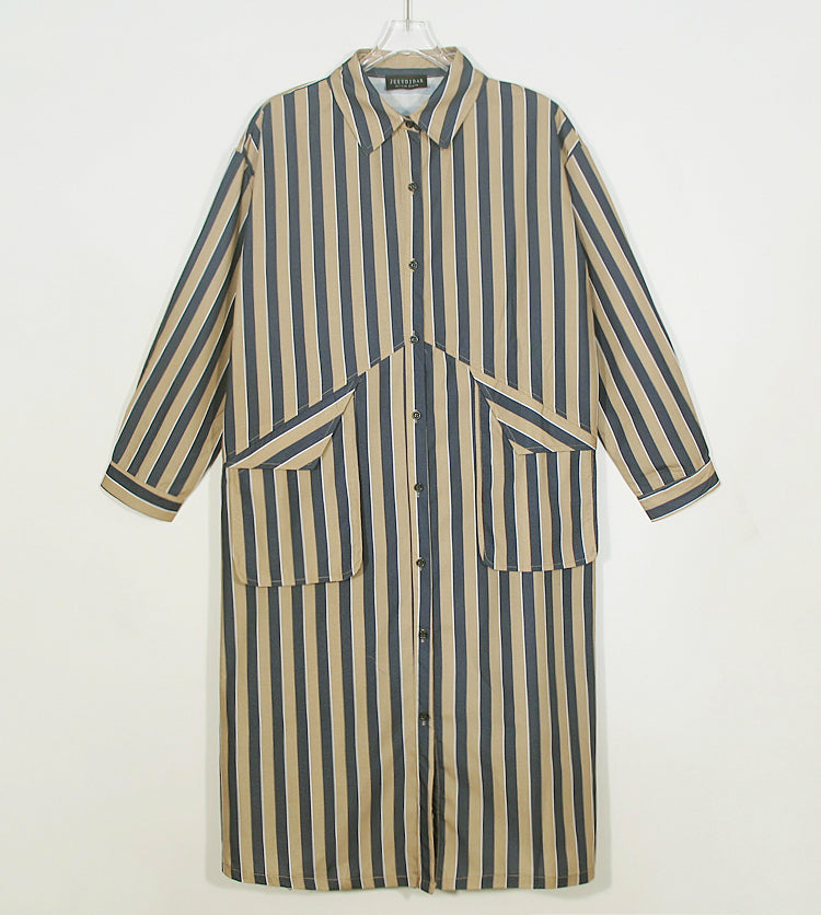 High Quality Long Sleeve Loose Khaki Striped Big Pocket Dress