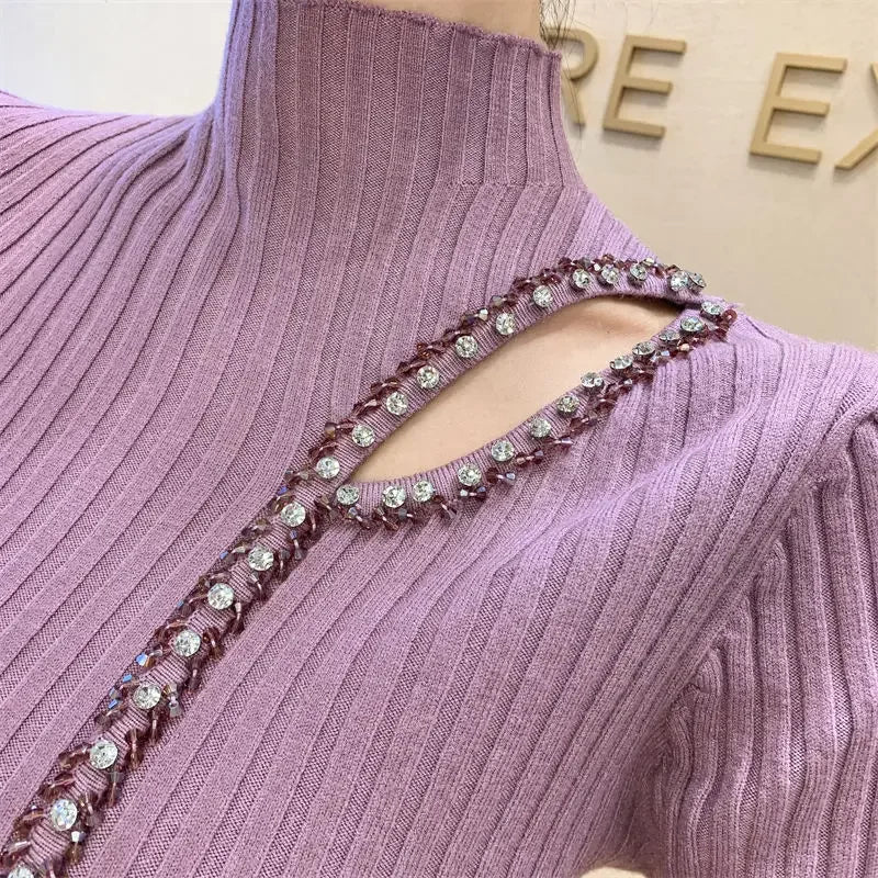 High Quality Stones Turtleneck Long Sleeve Knitted Tops