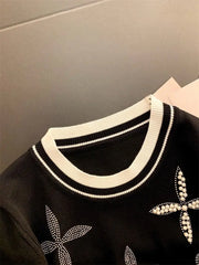 Patchwork Short Sleeve Round Neck Beaded Knitted T-shirt