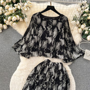 Autumn Women Draped Two Piece Set Bohemian Female Floral Pleated Short Blouse + High Waist Wide Leg Pants Chiffon Suit 2Pcs New