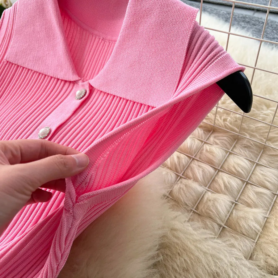 Ribbed Knit Dress Sleeveless Lapel Belt French Ins Chic Spring Summer Celebrity Style Feminine A-line Long Dress