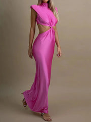 High Quality Plain Sleeveless Bodycon Hollow Out Turtleneck Sexy Long Dress