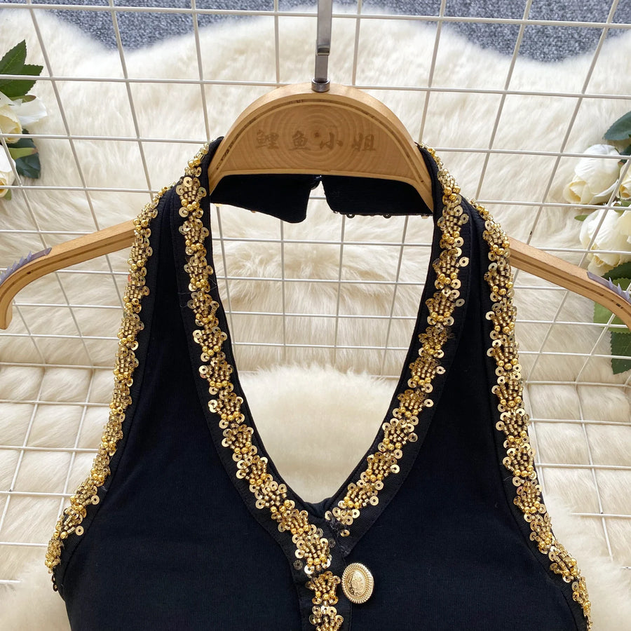 French V-neck, halterneck, backless short dress with fitted belt with high quality beads and sequins