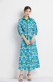 High Quality Three Quarter Sleeve Square Print Long Dress