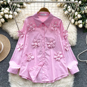 High-quality vintage high-neck loose blouse, elegant, long-sleeved, three-dimensional floral print
