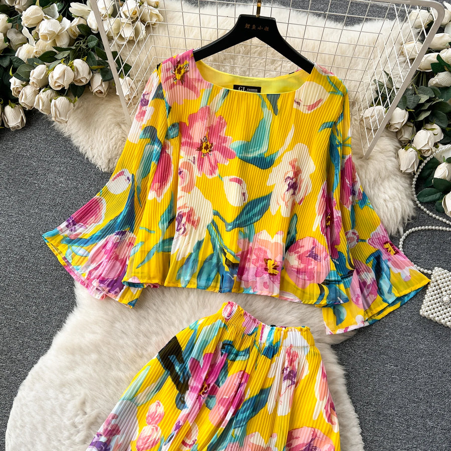 Autumn Women Draped Two Piece Set Bohemian Female Floral Pleated Short Blouse + High Waist Wide Leg Pants Chiffon Suit 2Pcs New