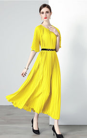High Quality Printed Round Neck Lace Up Belt Maxi Pleated Long Dress