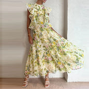 High Quality Round Neck Lace-up Backless Sleeveless Ruffle Pleated Floral Dress