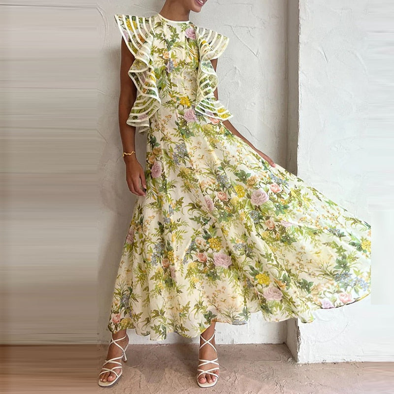 High Quality Round Neck Lace-up Backless Sleeveless Ruffle Pleated Floral Dress