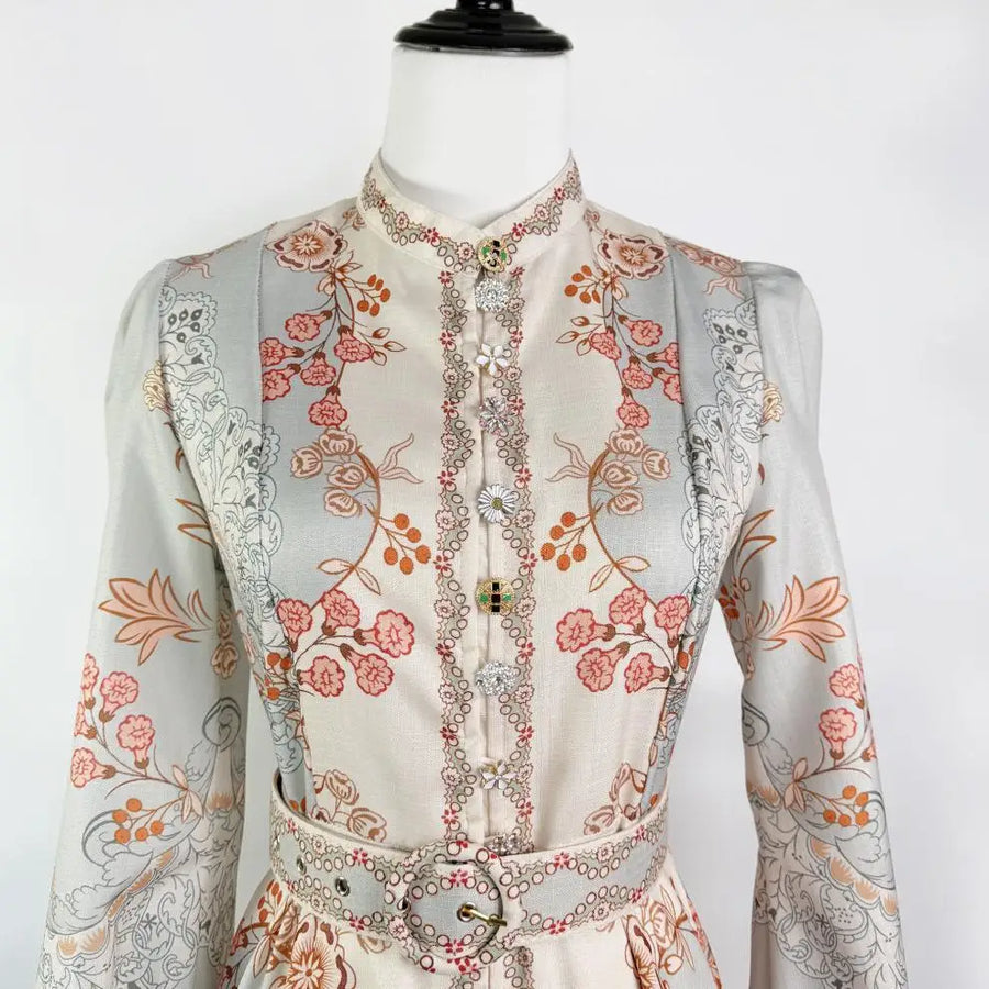 Floral print dress with long sleeves, high neck, and belt, high quality midi length