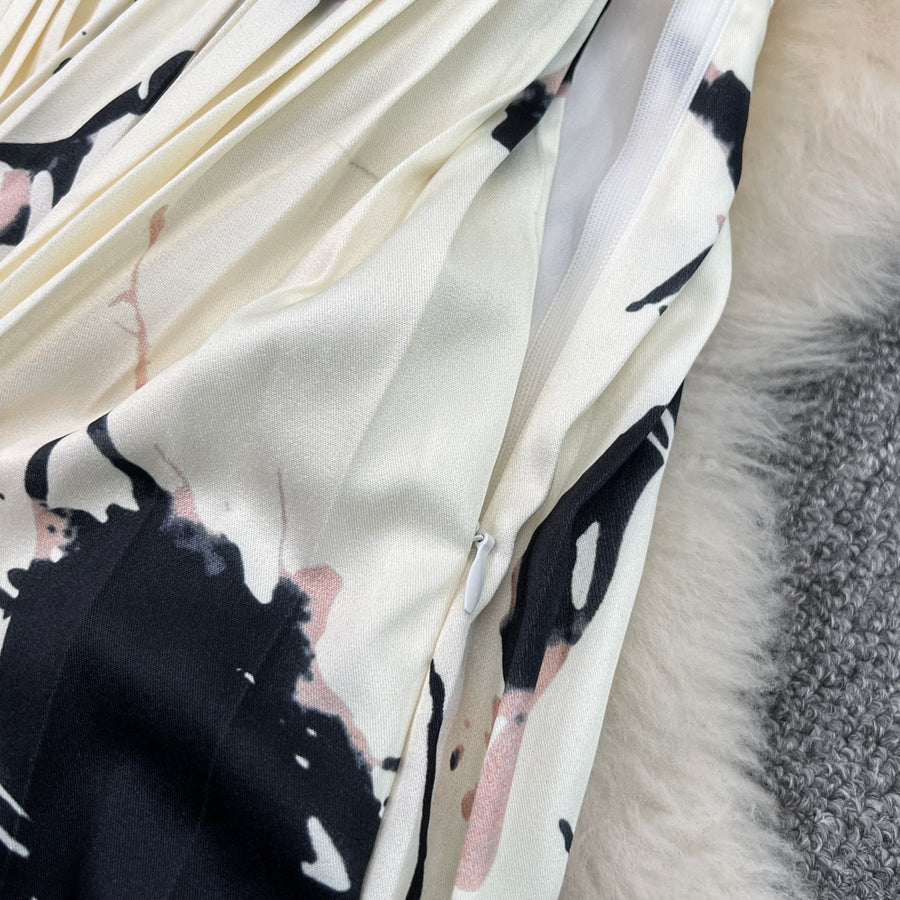 High Quality Satin Ink Print Polo Neck Long Sleeve A-Line Shirt Dress