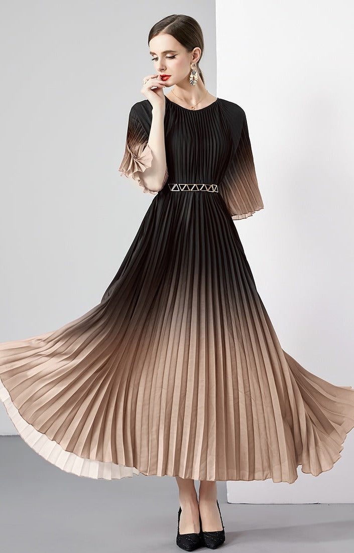 High Quality Vintage Oversized Loose Gradient Belt Lace Up O Neck Pleated Long Dress