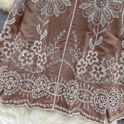 Basic loose long-sleeved polo-neck blouse embroidered with flowers and French-style hook