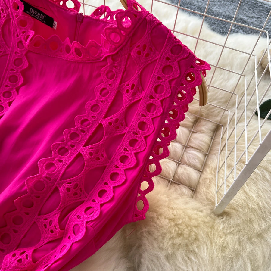Sexy Hollow Out Embroidery Round Neck Sleeveless Bandage Long Dresses High Quality