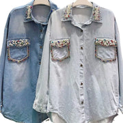 Women Rainbow Diamonds Denim Shirts Spring Summer Rhinestones Double Pockets Jeans Blouses Crystal Cowboy Cardigan Tops Blusas
