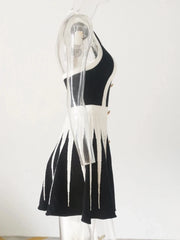 Black White Striped Buttons 3D Pink Pleated Sexy Sleeveless Knitted Mini Dress