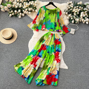 Autumn Women Draped Two Piece Set Bohemian Female Floral Pleated Short Blouse + High Waist Wide Leg Pants Chiffon Suit 2Pcs New