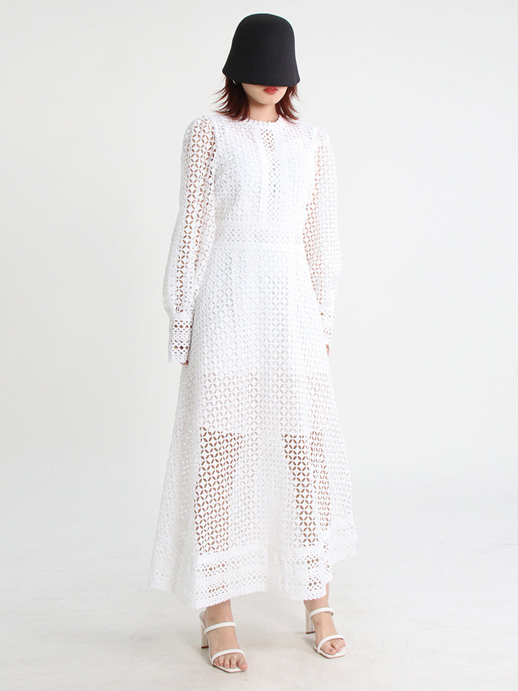 Vintage dresses round neck, flare sleeve, high waist, hollow out patchwork, high quality embroidery