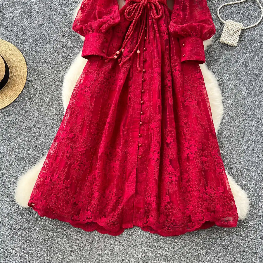 Luxury Embroidery Formal Dresses Women Summer Autumn Lantern Long Sleeve Lace Vestidos Pearl Prom Evening Birthday Dress Party