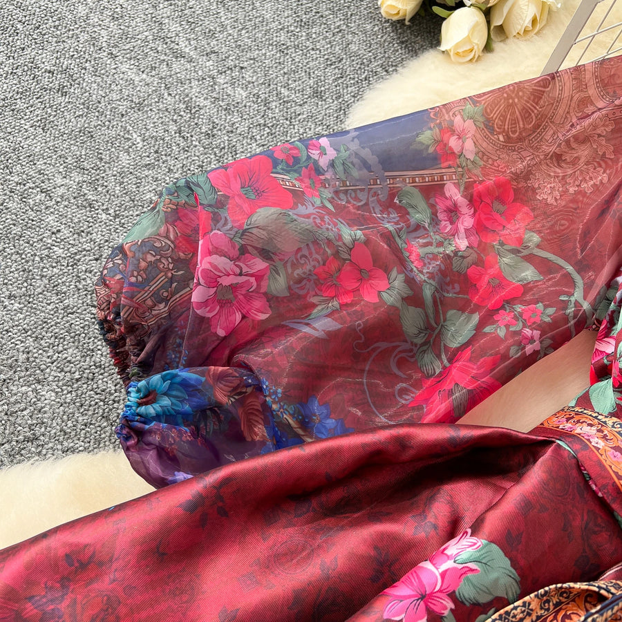 High quality vintage palace print French style elegant evening dress