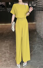 Royal style two-piece set, off-shoulder with high-quality wide-leg pants