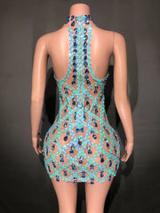 Sheer tight fit short dress with shiny pink sequins and diamonds