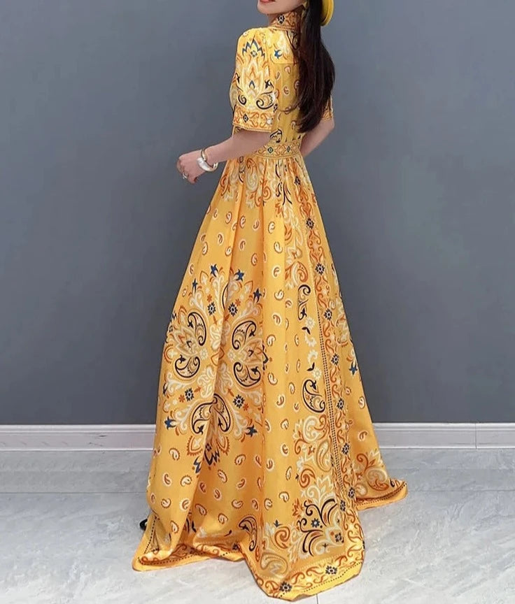 Elegant long dress with short sleeve print with high quality belt