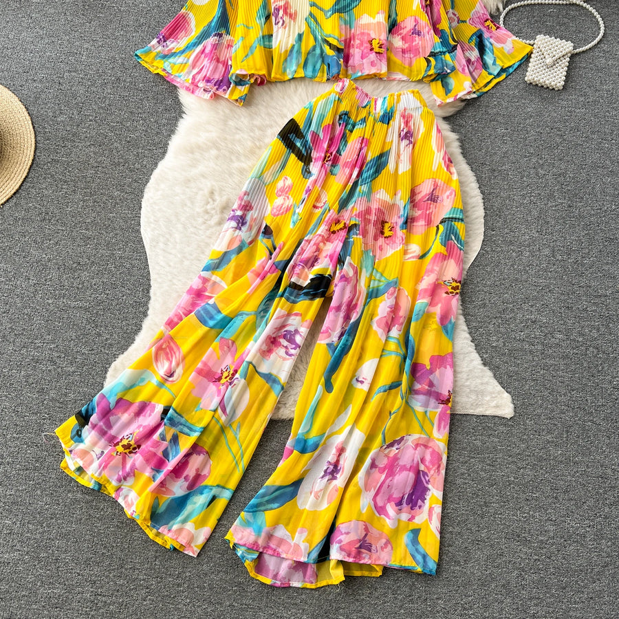 Autumn Women Draped Two Piece Set Bohemian Female Floral Pleated Short Blouse + High Waist Wide Leg Pants Chiffon Suit 2Pcs New