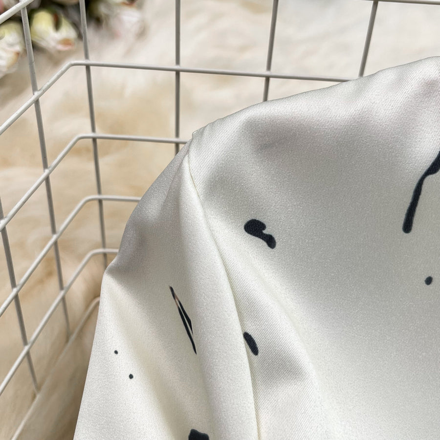 High Quality Satin Ink Print Polo Neck Long Sleeve A-Line Shirt Dress