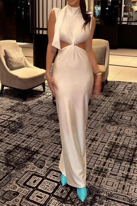 High Quality Plain Sleeveless Bodycon Hollow Out Turtleneck Sexy Long Dress