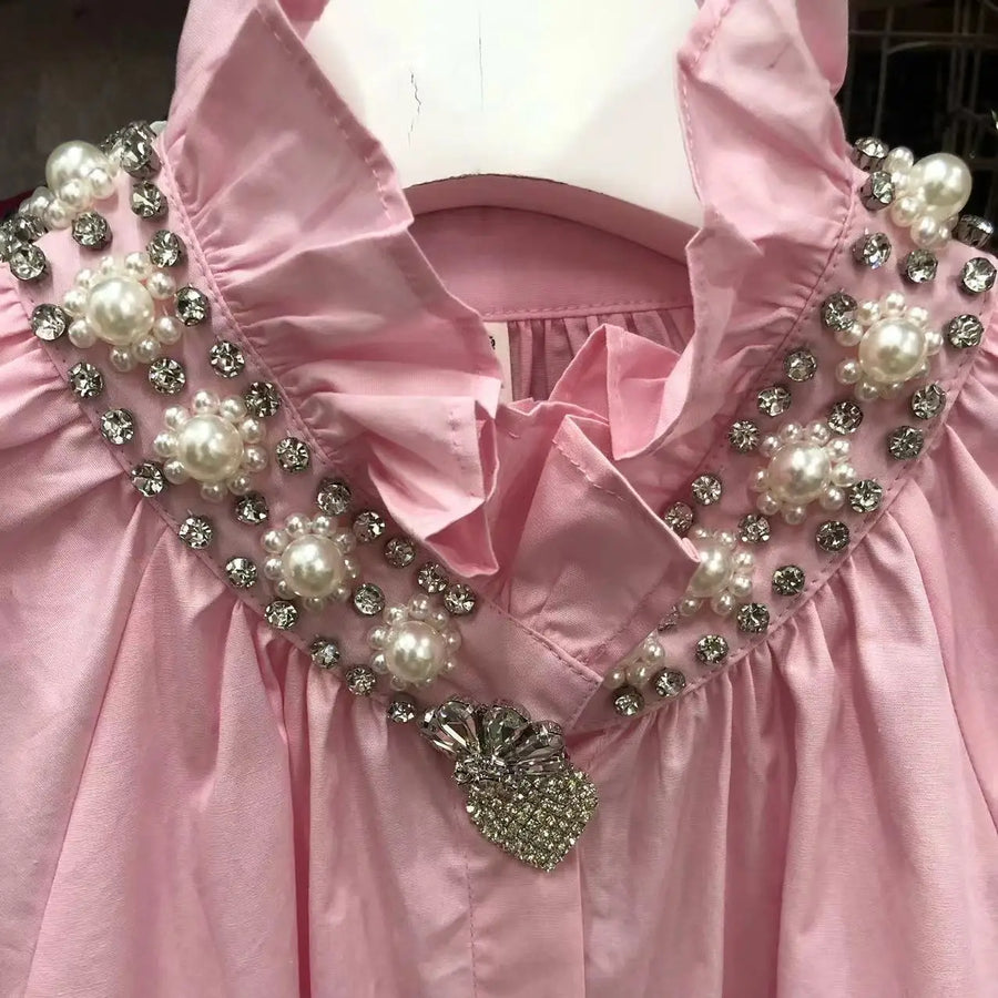 High Quality Long Sleeve Luxurious Style Beaded Diamond Embroidery Cotton Shirt