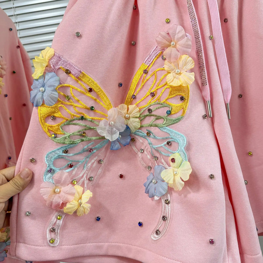 Fashion Butterfly Floral Beading Women's Set T-shirt and Shorts  Summer Active Two 2 Piece Sets Outfit Tracksuit
