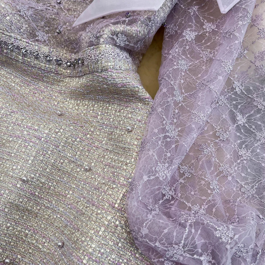 Elegant Long Sleeve Stand Collar Big Bow Tweed A-line Dress High Quality Embroidery