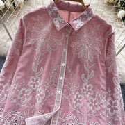 Basic loose long-sleeved polo-neck blouse embroidered with flowers and French-style hook