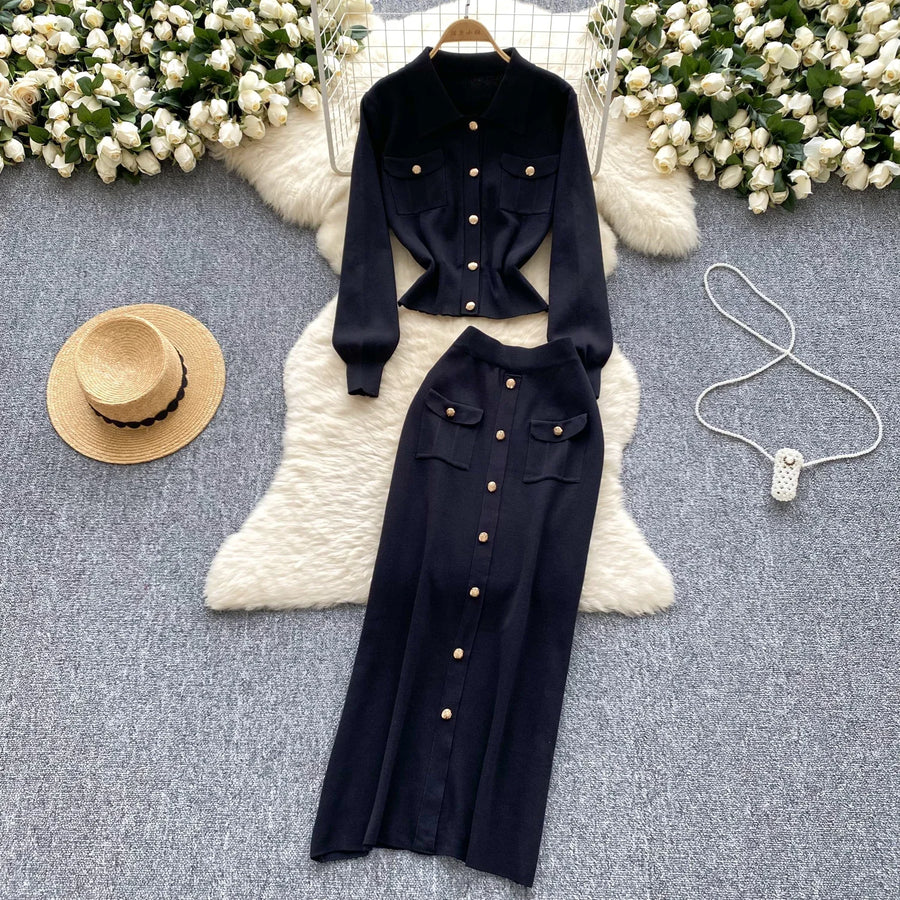 High quality two piece outfits with long sleeves and turn-down collar, buttons and pencil skirt