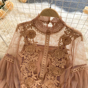 High quality vintage lace puff long sleeve blouse with a little sheer