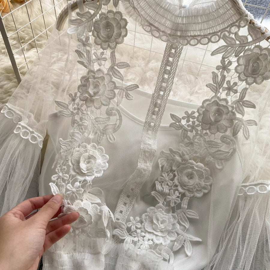 High quality vintage lace puff long sleeve blouse with a little sheer