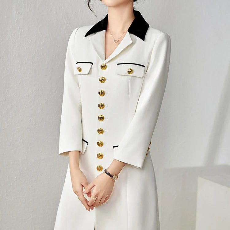Autumn Fashion Office Lady Blazer Dresses for Women  White Long Sleeve Single Breasted Vestidos Elegant Business Robe