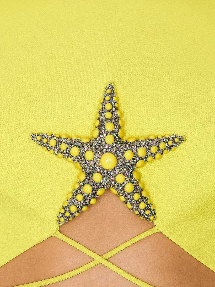 New Women's Luxury Beaded Starfish Diamond Sexy Long Sleeve Short Top High Waisted Split Skirt 2-Piece Nightclub Party Set