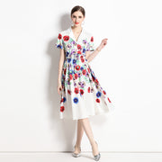 High Quality Belted Floral Print Short Sleeve Notched Neck Short Sleeve Vintage Flower Shirt Dress