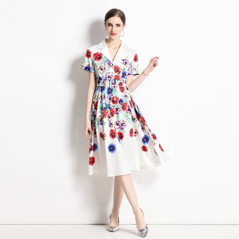 High Quality Belted Floral Print Short Sleeve Notched Neck Short Sleeve Vintage Flower Shirt Dress