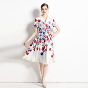 High Quality Belted Floral Print Short Sleeve Notched Neck Short Sleeve Vintage Flower Shirt Dress