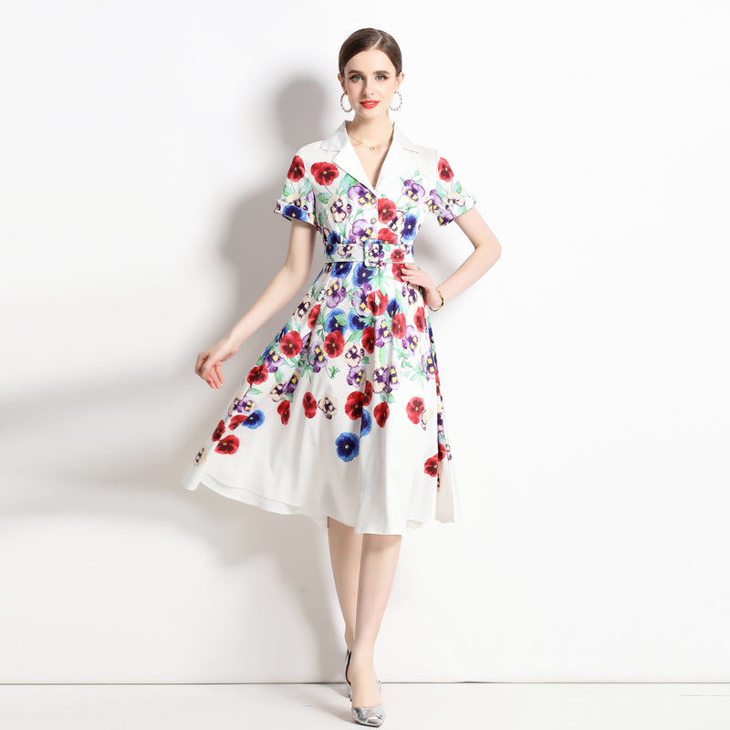 High Quality Belted Floral Print Short Sleeve Notched Neck Short Sleeve Vintage Flower Shirt Dress