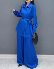 Red and Blue Solid Color Matching Loose Sets Long Sleeve Shirt+Wide Leg Pants High Quality
