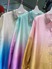Fashion Gradient Rhinestone Mercerized Cotton Blouse  Spring Rhinestone Lapel Long Sleeve Single-Breasted Shirt for Women